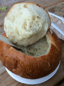 Clam chowder in a bread bowl from Woodhouse Fish Co.
