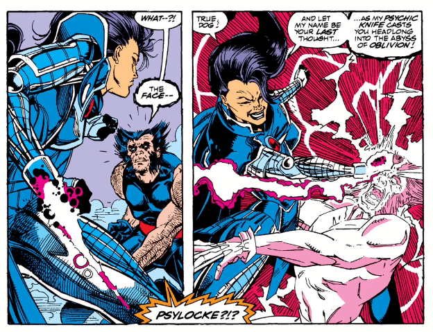 Psylocke debuts her psychic knife in battle with Wolverine